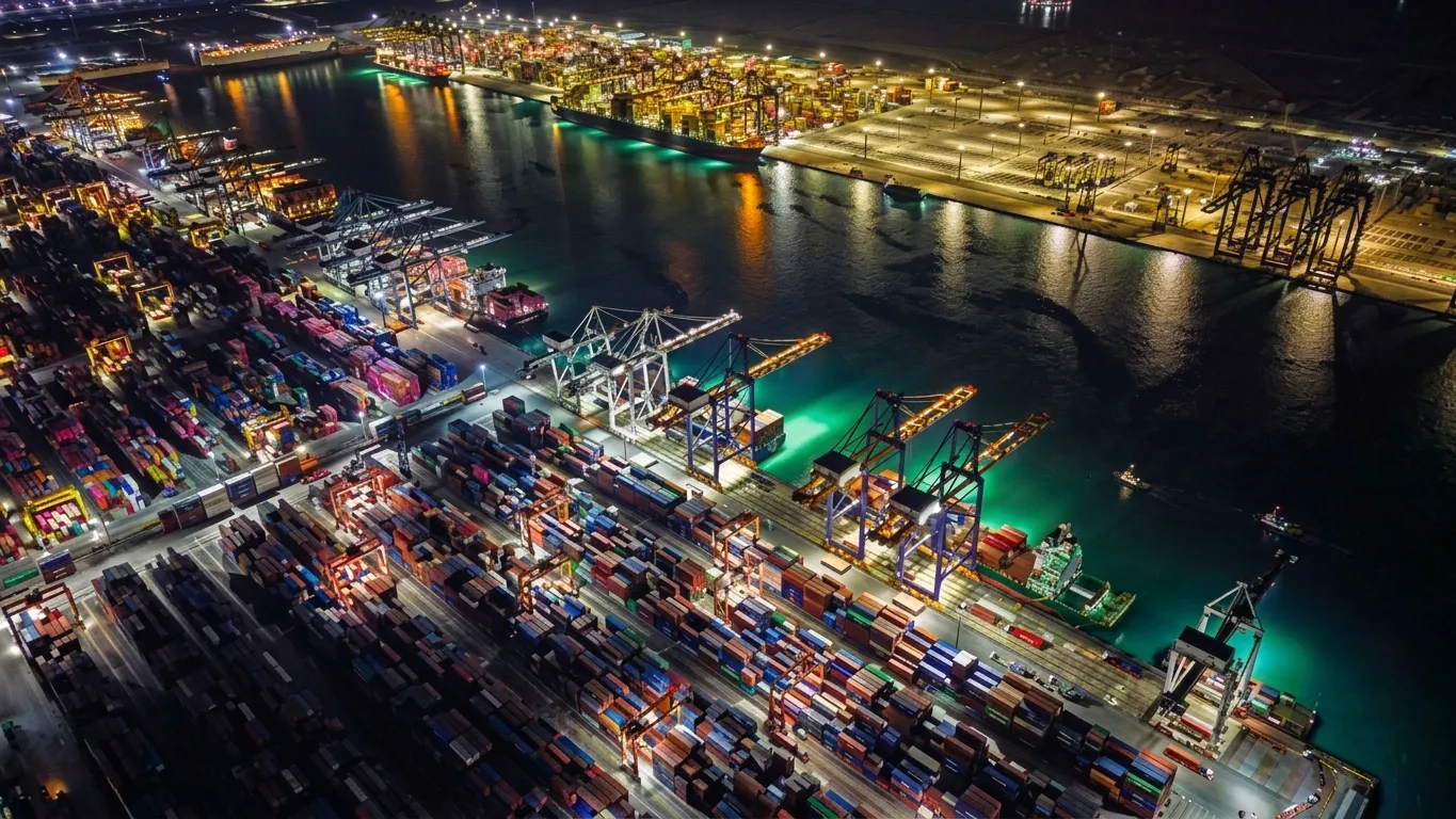 Container port at dusk with gantry cranes, stacked shipping containers, and a berthed cargo vessel